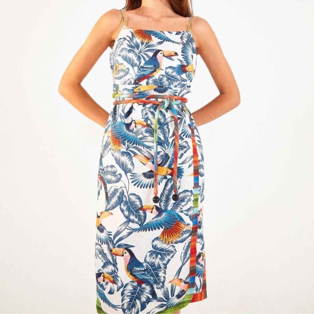 FARM Rio White Midi Dress with Blue, Orange and Green Tropical Toucan Print